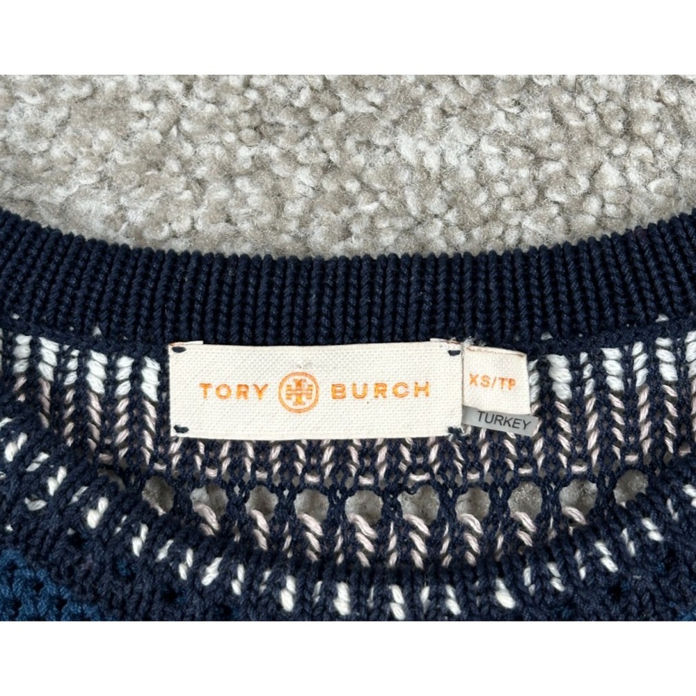 Tory Burch Sweater Womens XS Blue‎ Geometric Top Linen Blend Crochet Sleeveless - Picture 5 of 9